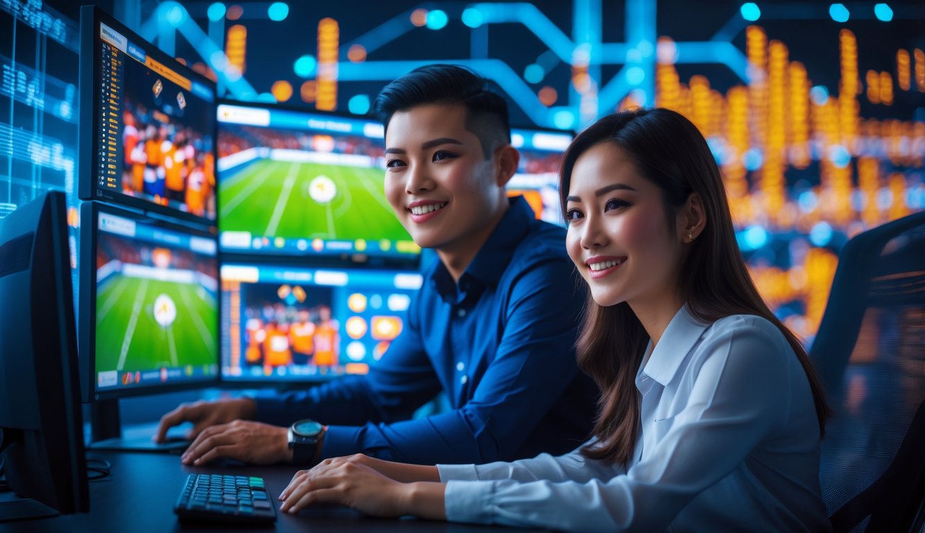 Dua orang Indonesia duduk di depan komputer yang menampilkan pertandingan olahraga, menunjukkan suasana taruhan olahraga online yang dinamis.