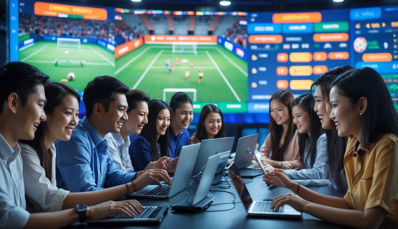 Sekelompok orang muda menggunakan perangkat digital untuk bertaruh pada olahraga populer di Indonesia dengan latar belakang layar yang menampilkan pertandingan olahraga.