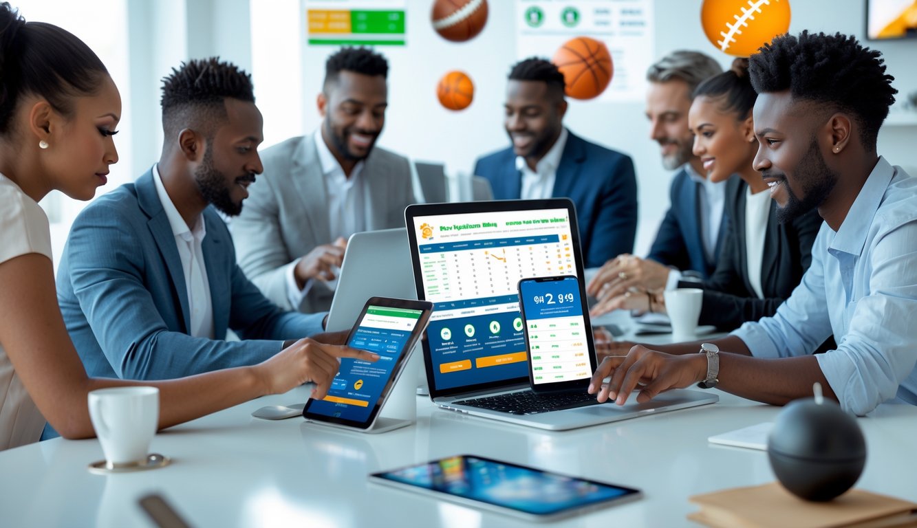 Beberapa orang menggunakan perangkat digital untuk memasang taruhan olahraga online di ruang kerja yang terang dan modern.