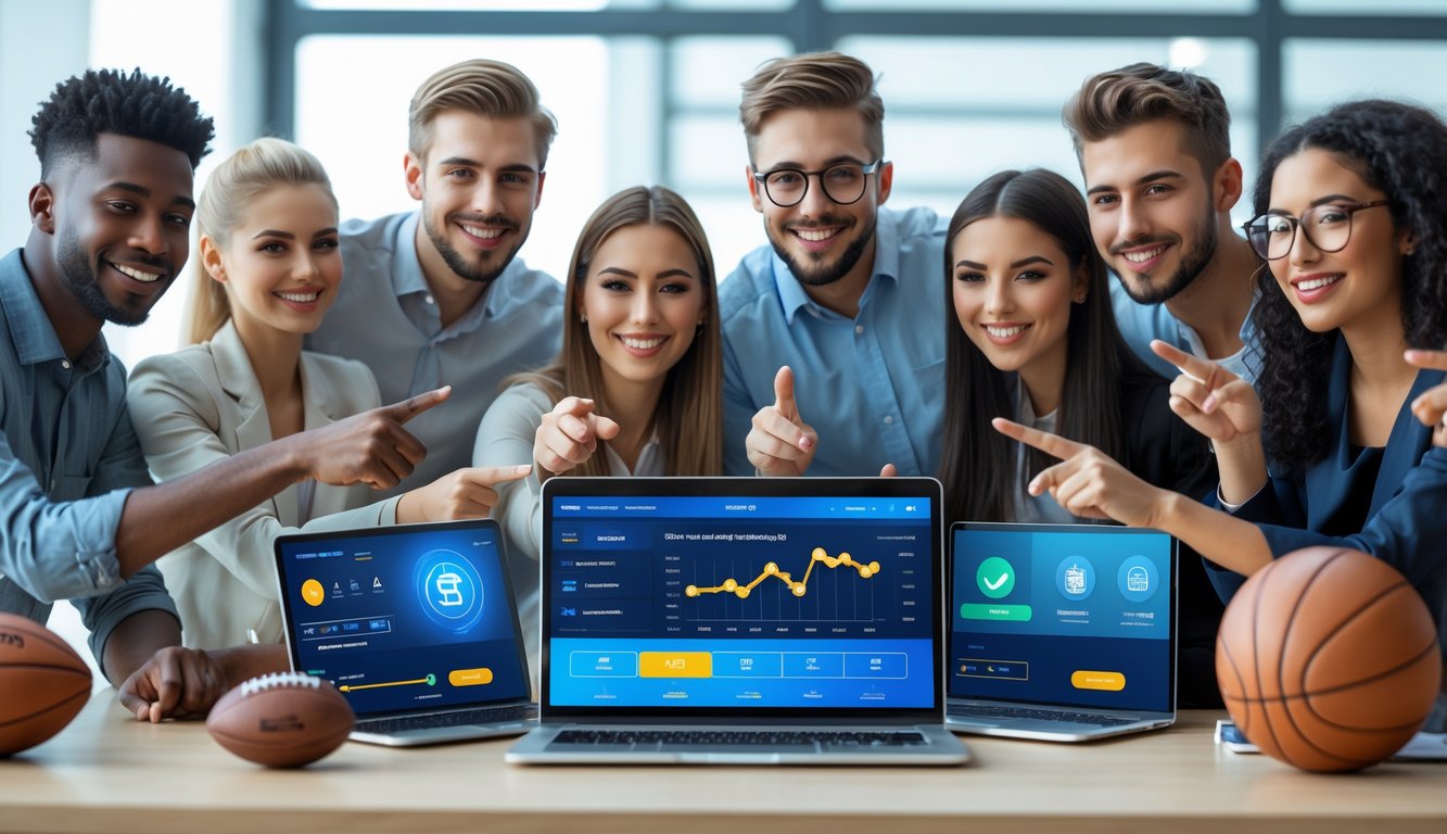 Sekelompok orang muda sedang melihat layar laptop dan ponsel yang menampilkan taruhan olahraga dengan suasana kantor modern.