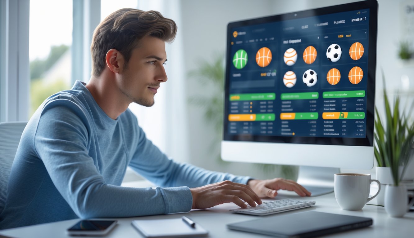 Seorang pria muda duduk di meja kerja modern dengan komputer yang menampilkan ikon olahraga dan grafik taruhan, di dalam ruangan terang dan rapi.