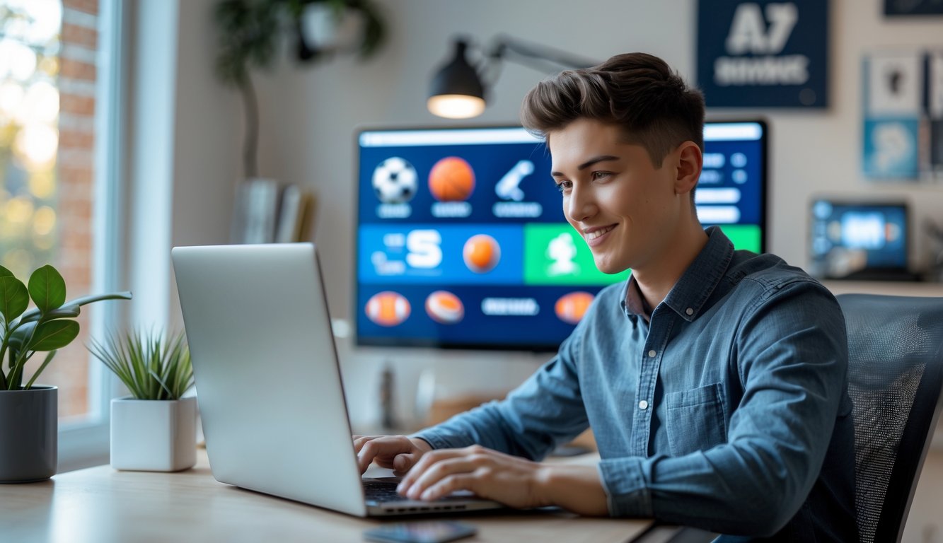 Seseorang muda menggunakan laptop di ruang kerja rumah yang rapi dengan layar menampilkan ikon olahraga.