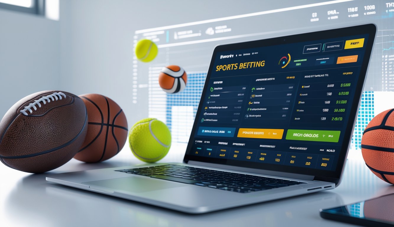 Meja kerja modern dengan laptop yang menampilkan antarmuka taruhan olahraga online dan beberapa bola olahraga di sekitarnya.