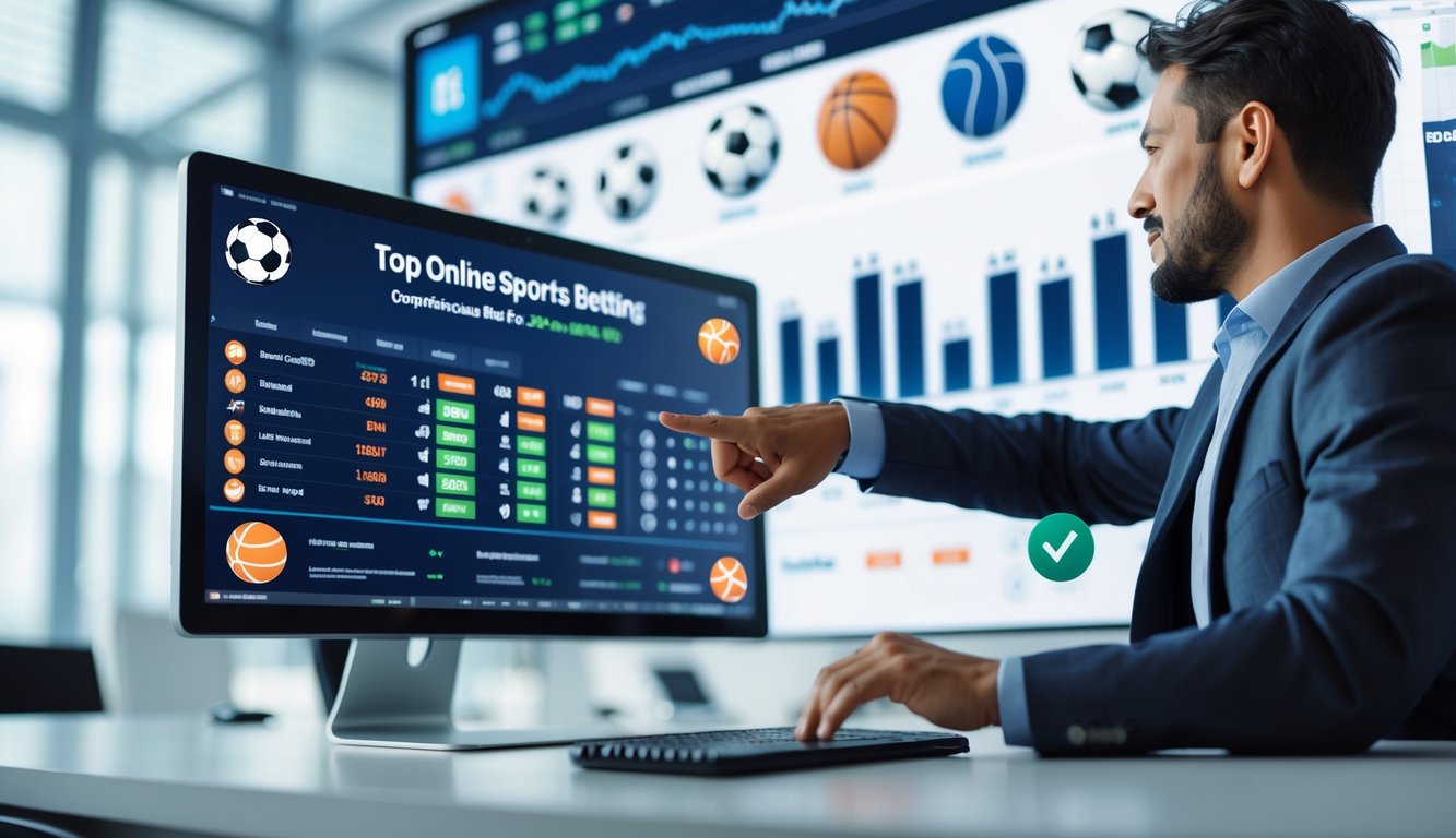 Seseorang sedang menggunakan komputer dengan tampilan taruhan olahraga online lengkap dan odds tinggi di layar.