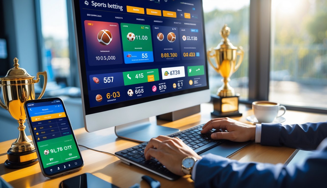 Seseorang menggunakan komputer dengan layar menampilkan antarmuka taruhan olahraga online di meja kerja modern.
