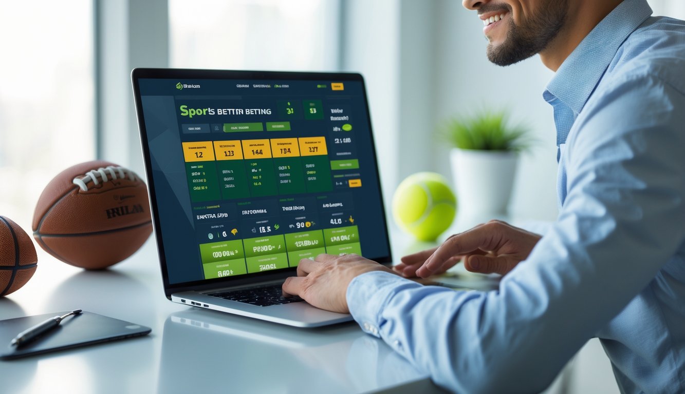 Seseorang menggunakan laptop di meja kerja dengan bola olahraga di sekitar, menampilkan suasana taruhan olahraga online.