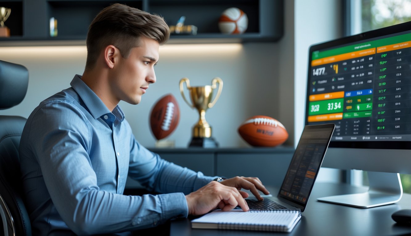 Seorang pria muda duduk di meja dengan komputer yang menampilkan statistik olahraga, terlihat fokus dan serius dalam suasana kantor rumah yang rapi.