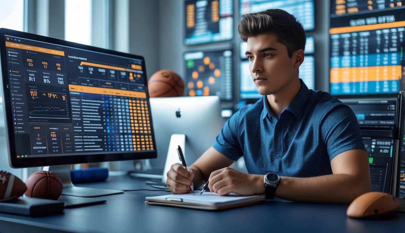 Seorang pria muda duduk di meja dengan beberapa layar komputer menampilkan pertandingan olahraga dan data taruhan, menunjukkan suasana fokus dan strategi dalam taruhan olahraga online.