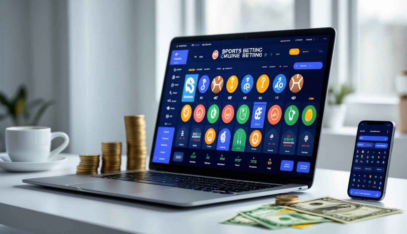 Seorang pengguna sedang menggunakan laptop dan ponsel untuk memasang taruhan olahraga online di meja kerja yang rapi dengan secangkir kopi.