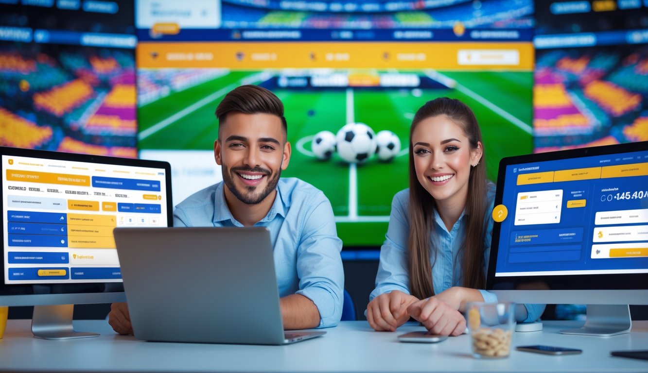 Dua orang muda duduk di meja dengan laptop dan ponsel yang menampilkan taruhan olahraga, latar belakang layar besar menunjukkan stadion olahraga.