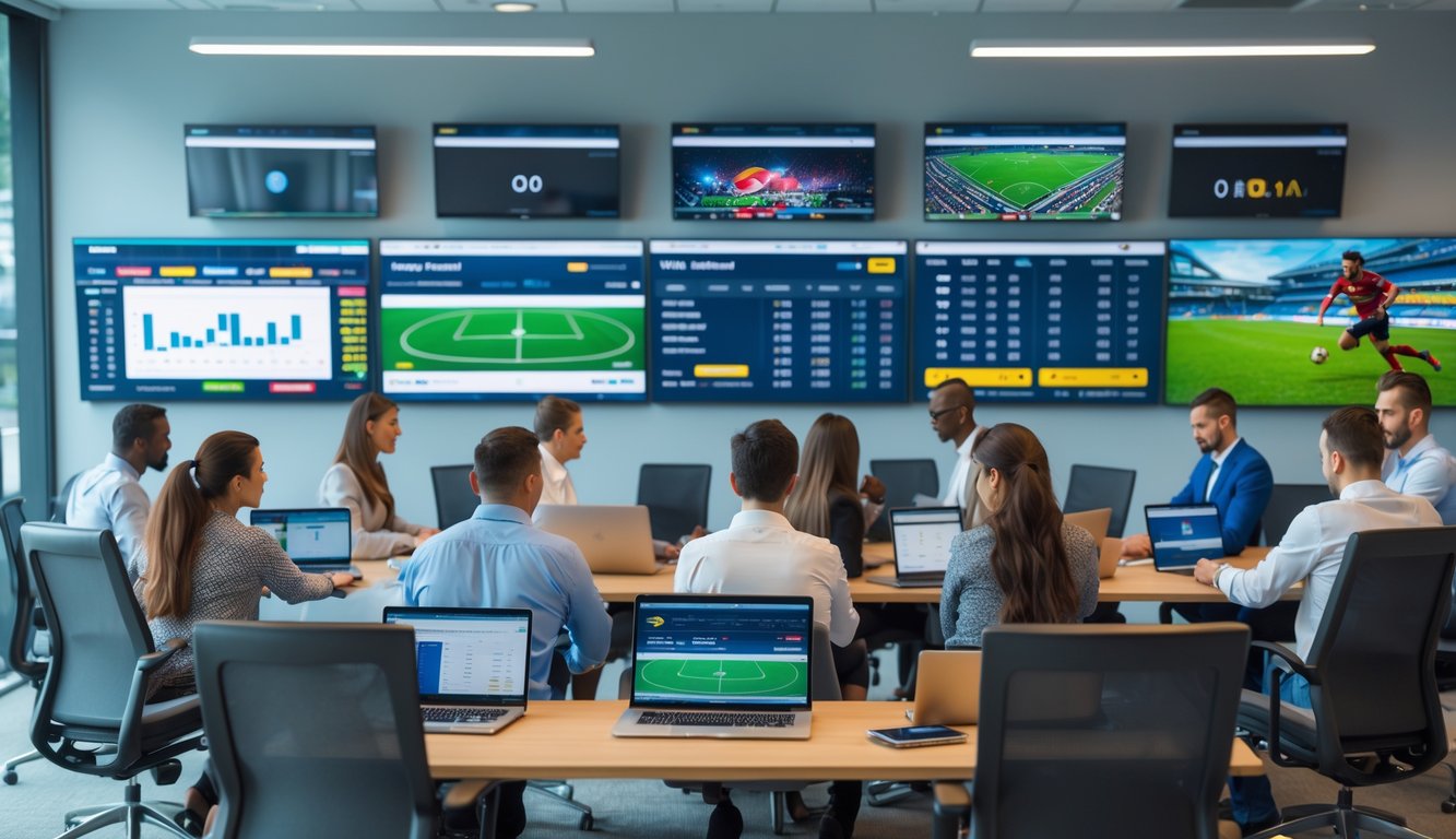 Orang-orang menggunakan perangkat digital di kantor modern dengan layar besar menampilkan berbagai pertandingan olahraga.
