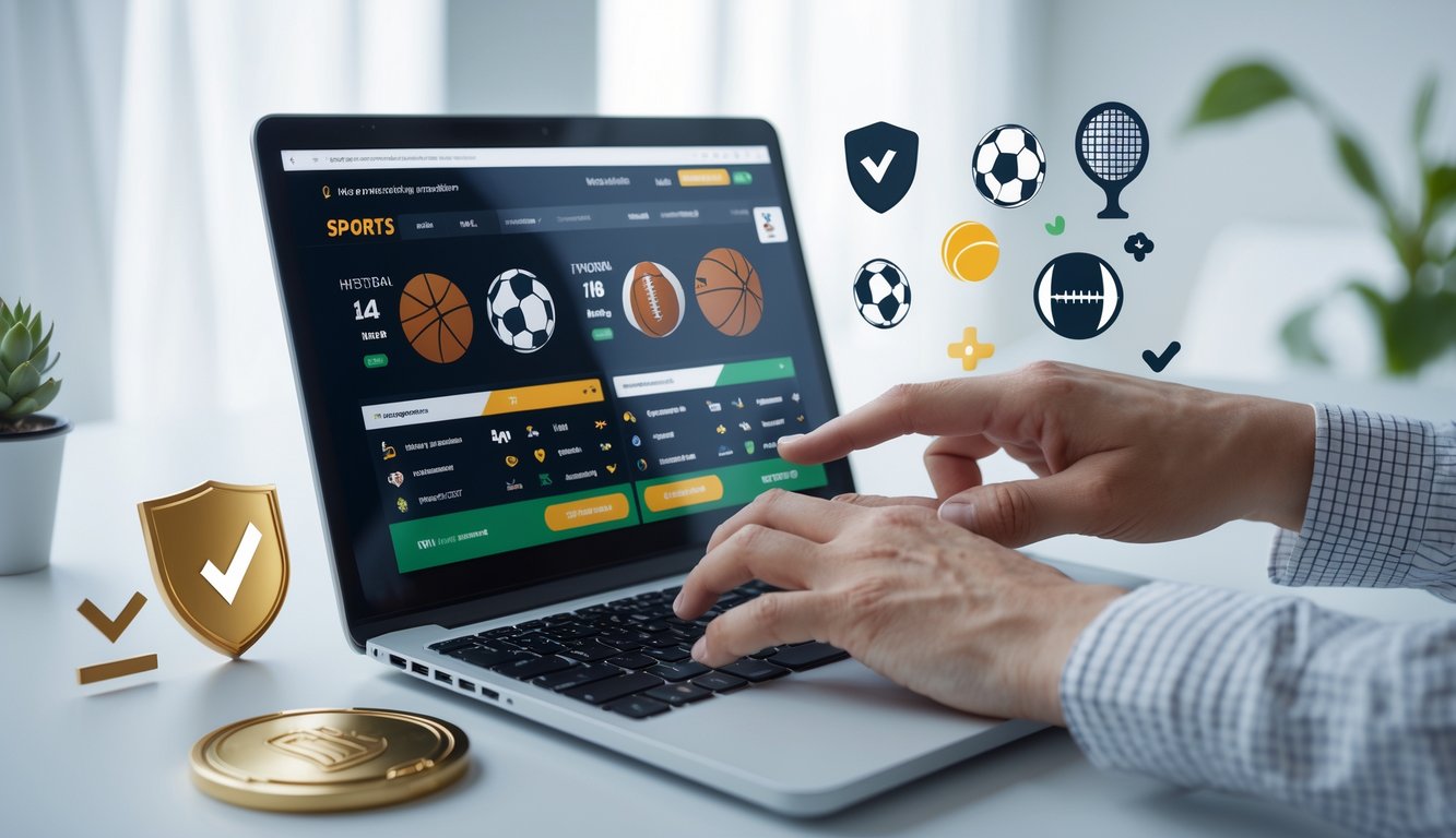 Seseorang menggunakan laptop yang menampilkan situs taruhan olahraga online dengan ikon olahraga dan simbol kepercayaan di meja kerja modern.