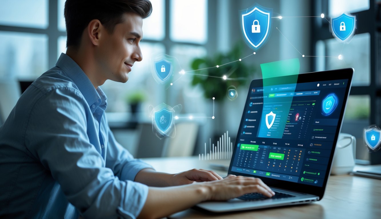 Seseorang menggunakan laptop di ruang kerja modern dengan simbol keamanan digital di latar belakang.