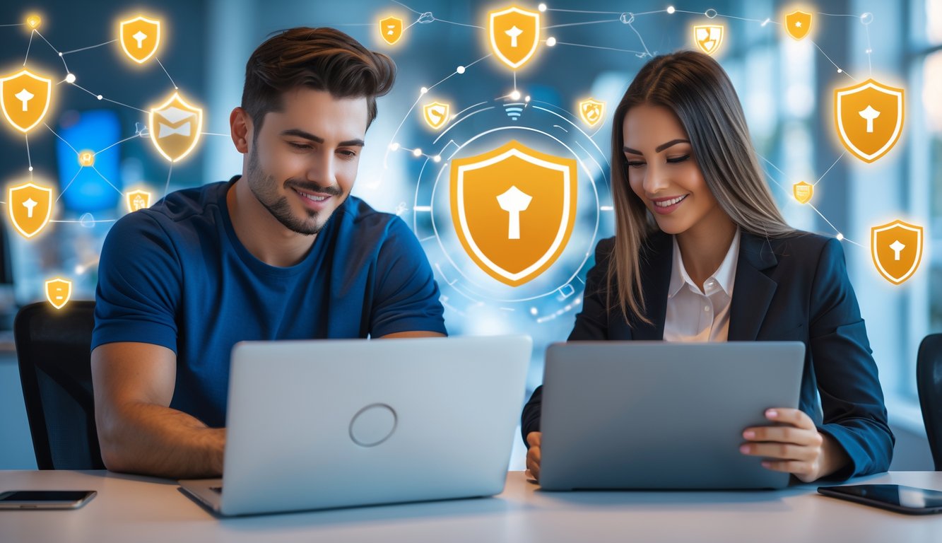 Dua orang dewasa menggunakan laptop dan ponsel di kantor modern dengan ikon keamanan digital di latar belakang.