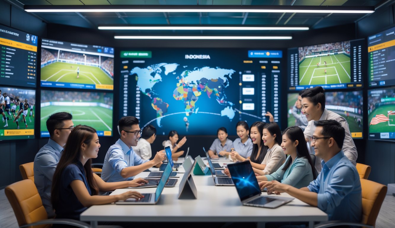 Sekelompok orang yang antusias menggunakan perangkat elektronik untuk bertaruh pada pertandingan olahraga secara online di sebuah ruangan modern.