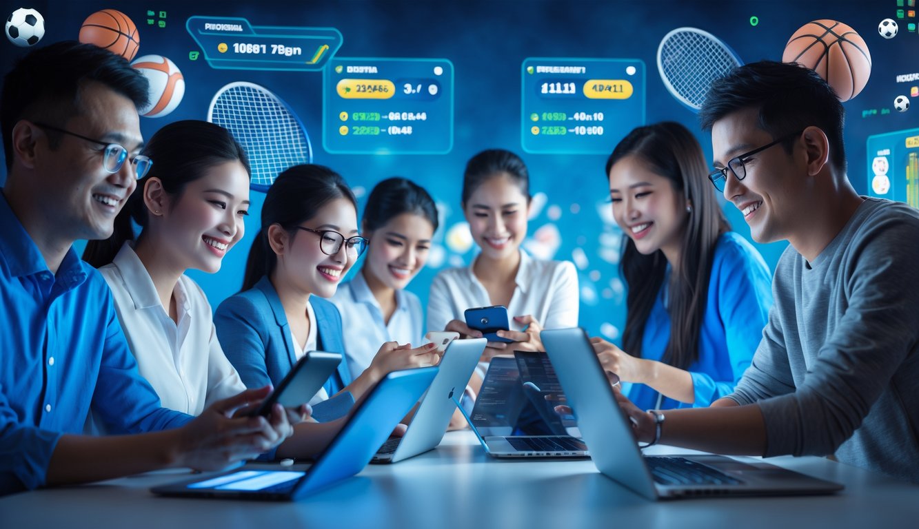 Sekelompok orang Indonesia menggunakan perangkat digital untuk bertaruh olahraga secara online dengan latar berbagai olahraga populer.