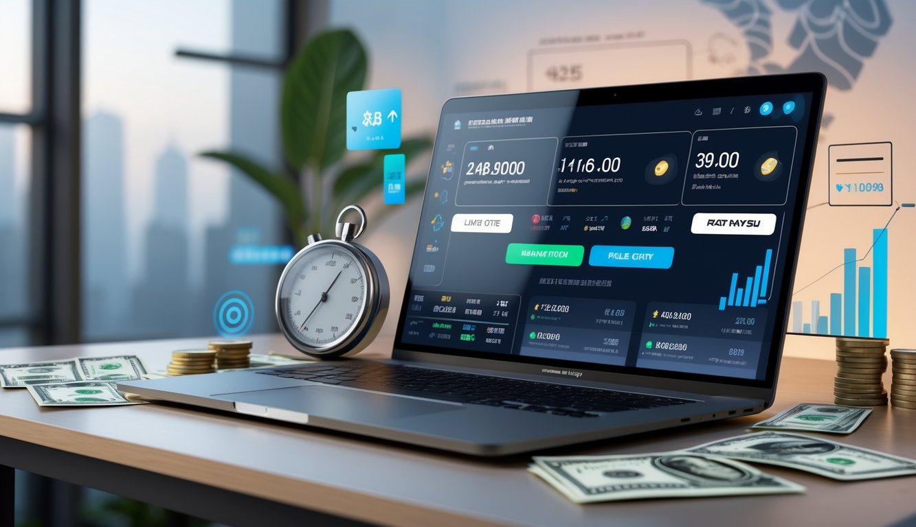 Seorang pria menggunakan laptop di meja kerja dengan tampilan platform taruhan online dan elemen yang melambangkan kecepatan dan pembayaran cepat.