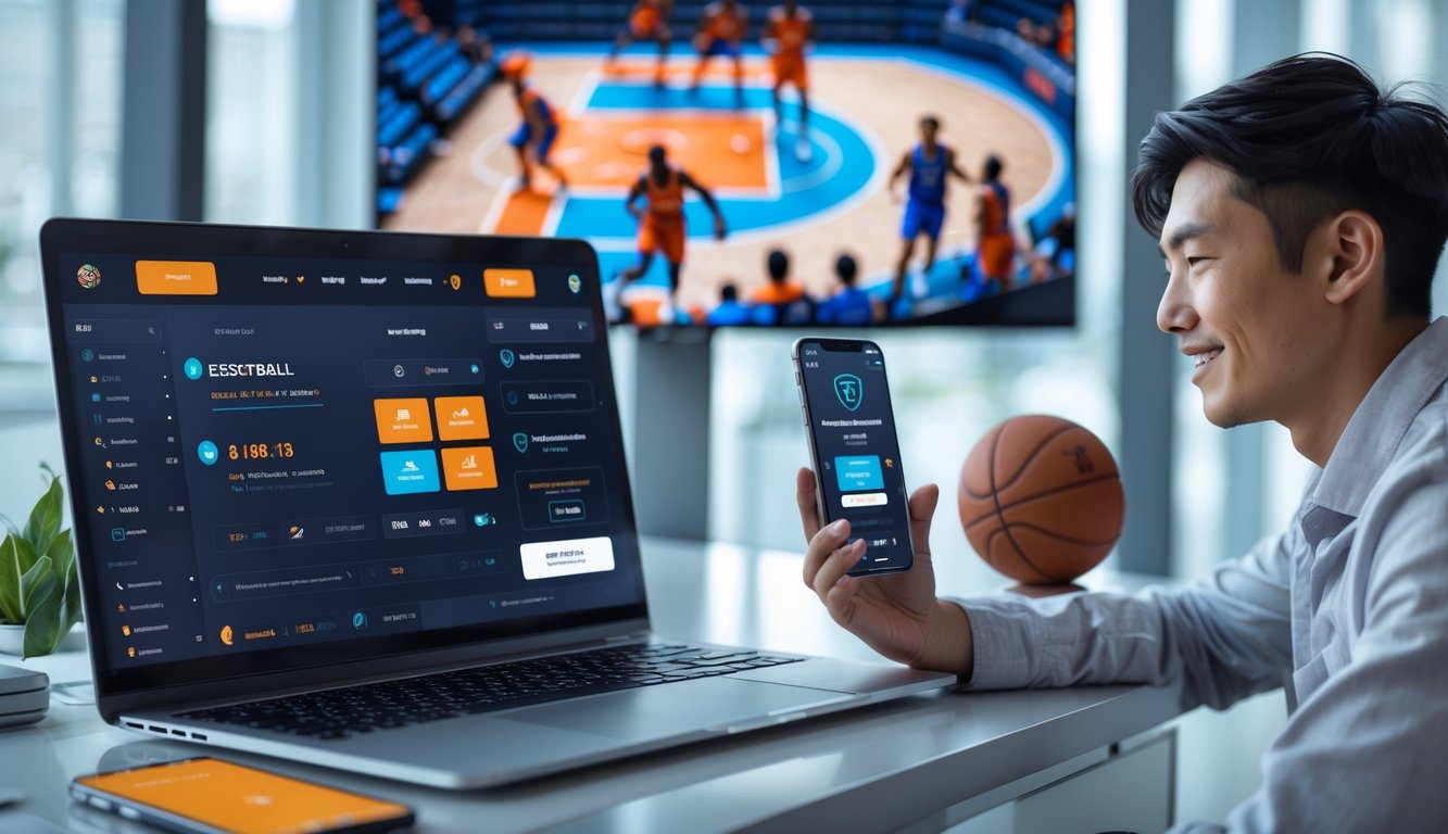 Seorang pria Asia muda menggunakan laptop dan ponsel dengan latar belakang lapangan basket dan pemain yang sedang bermain.
