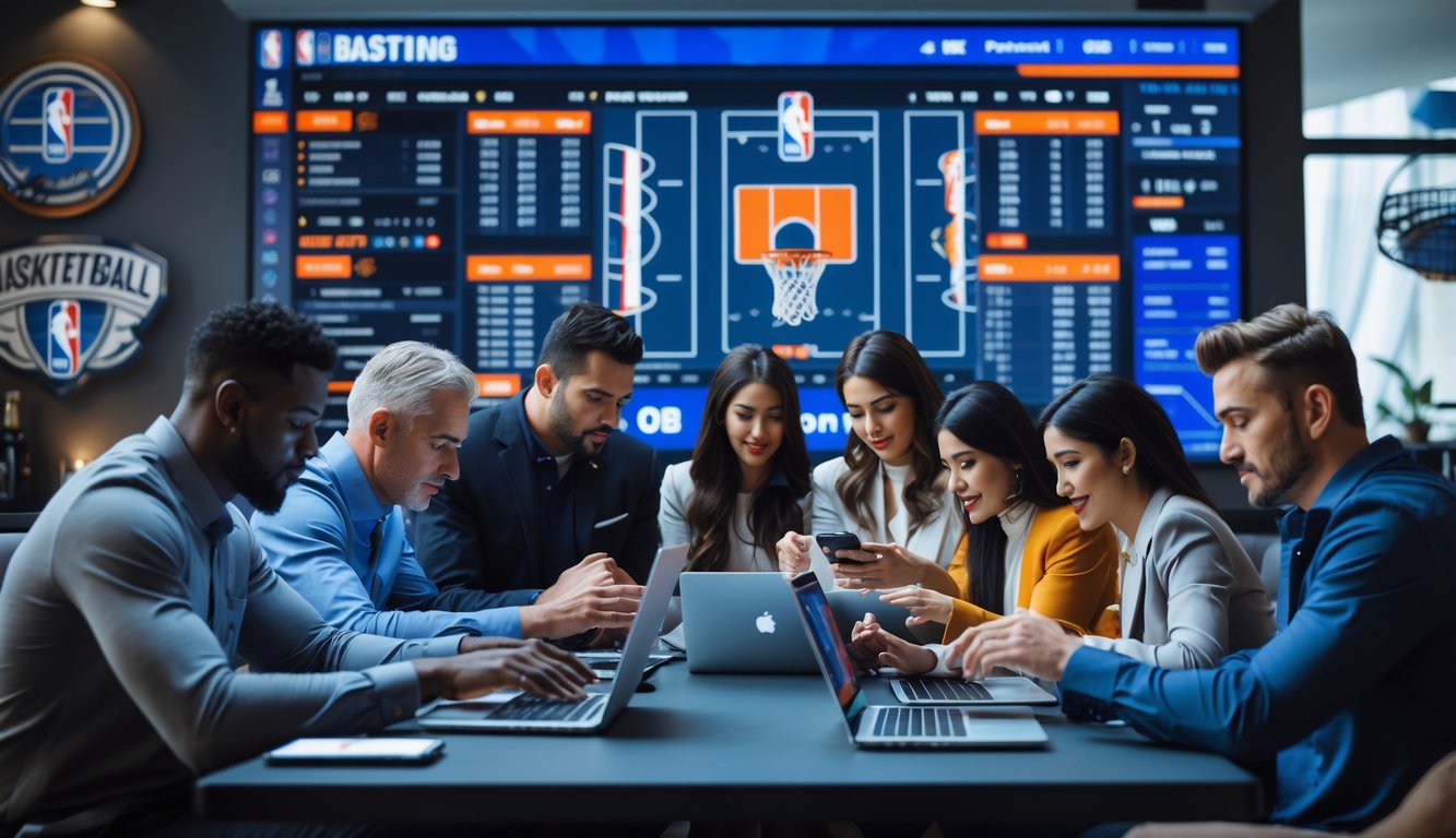 Beberapa orang sedang menggunakan perangkat elektronik untuk memasang taruhan bola basket di sebuah ruang santai yang modern dengan layar besar menampilkan statistik pertandingan NBA.