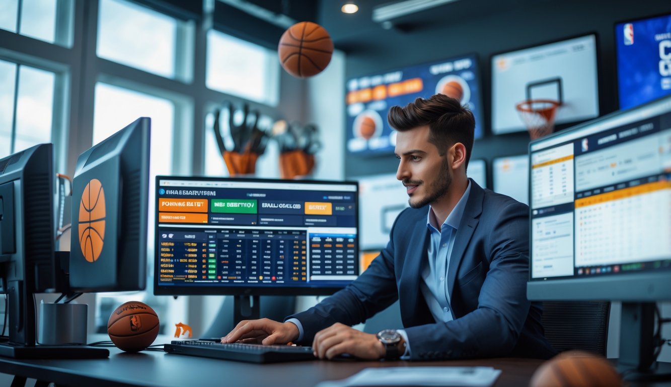 Seorang dewasa muda sedang menggunakan komputer dengan layar menampilkan pertandingan bola basket NBA dan data taruhan di ruang kerja modern.