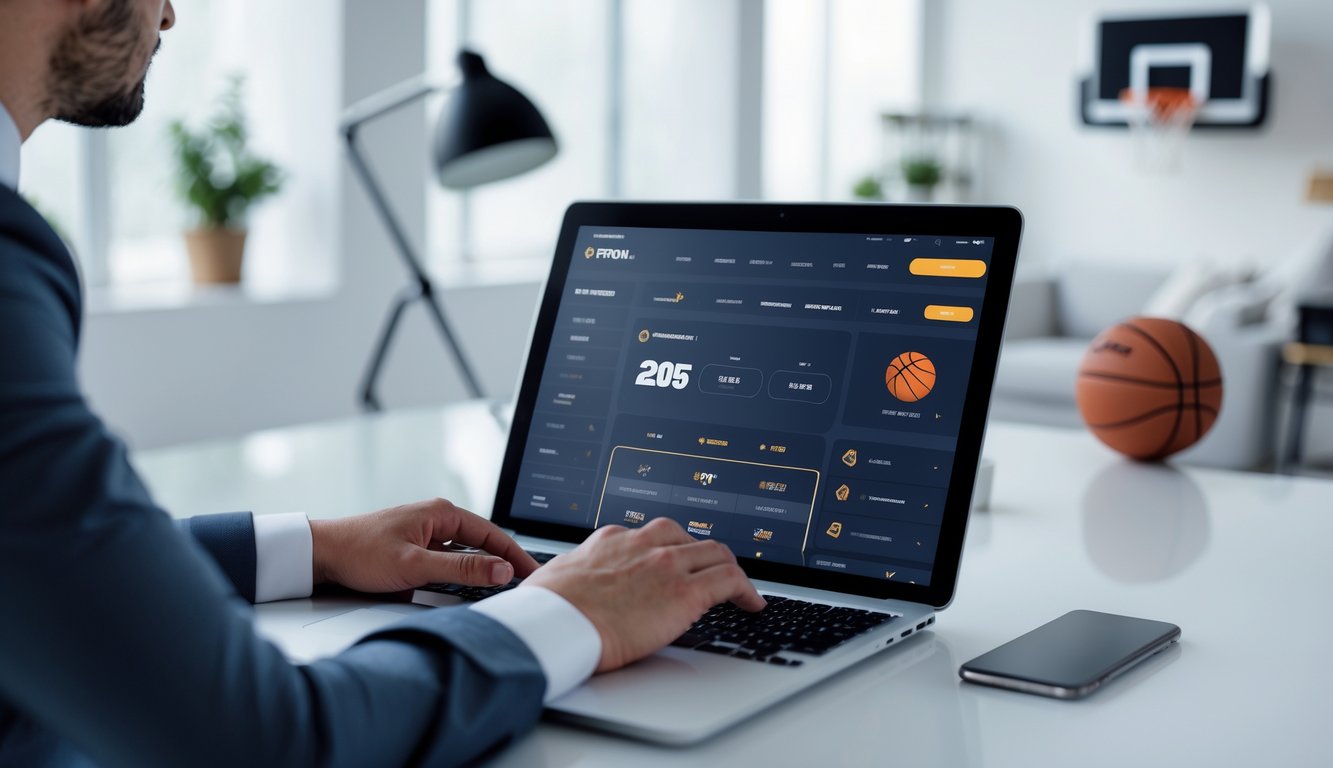 Seseorang menggunakan laptop di meja kerja dengan bola basket dan dekorasi olahraga di latar belakang.