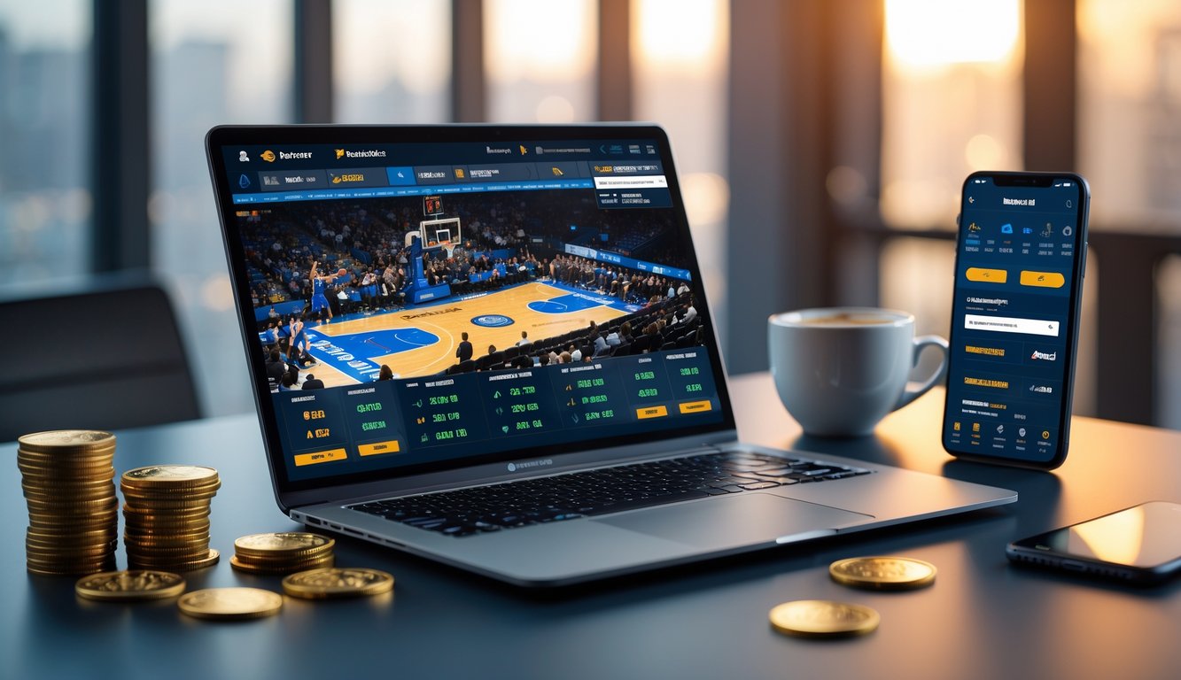 Seorang pria duduk di meja dengan laptop yang menampilkan pertandingan bola basket, dikelilingi oleh koin digital dan ponsel yang menunjukkan aplikasi taruhan.