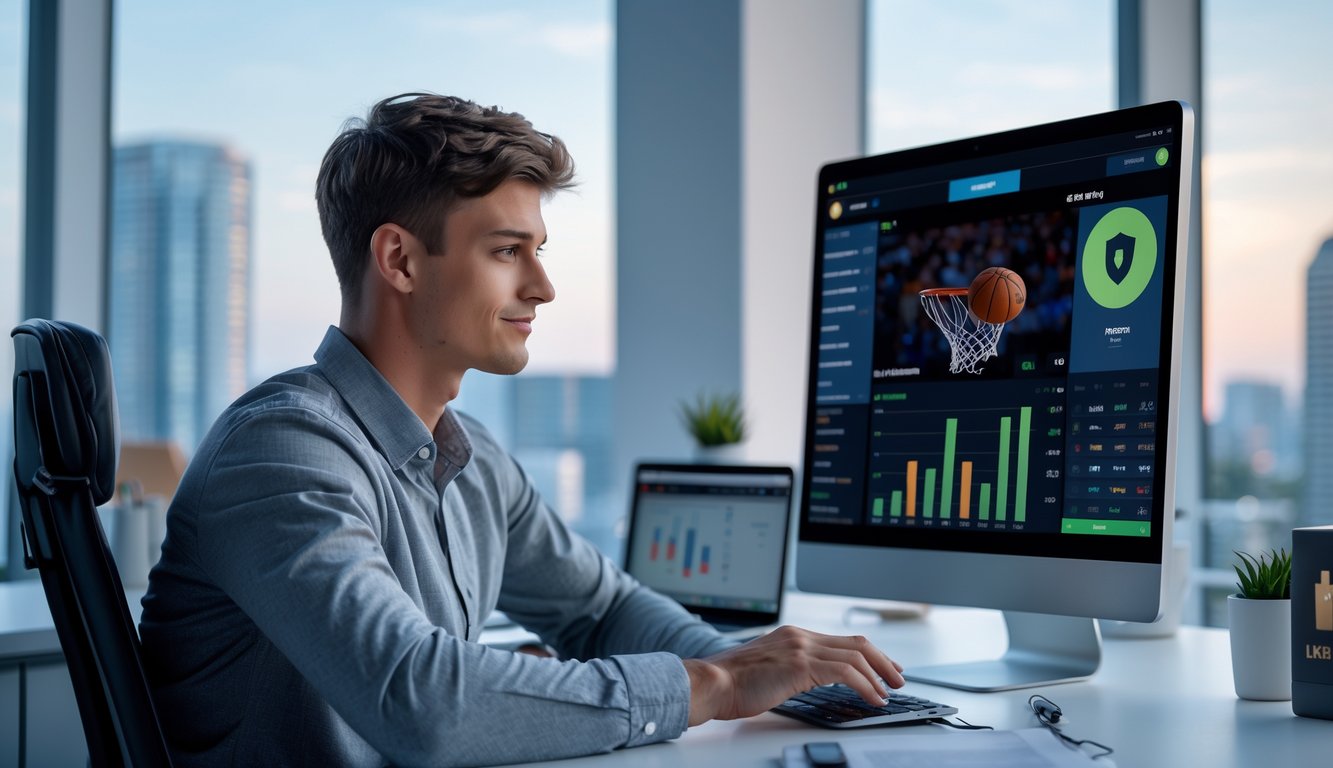 Seorang pria muda duduk di meja kantor modern sambil melihat layar laptop dengan pertandingan basket dan grafik statistik, di ruang kerja yang terang dengan pemandangan kota di latar belakang.