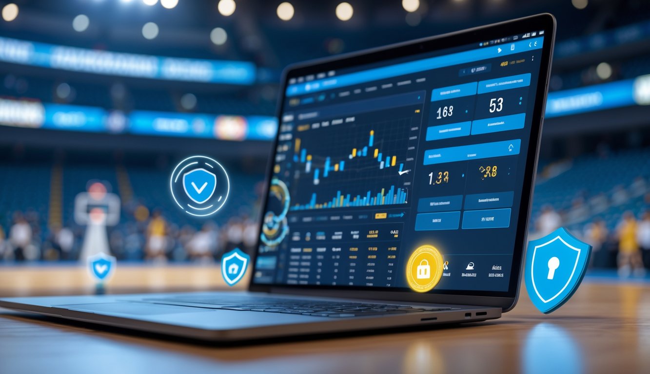 Seorang pengguna melihat layar komputer yang menampilkan situs judi basket online dengan ikon keamanan dan latar belakang lapangan basket.