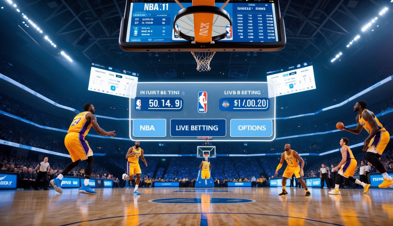 Pertandingan bola basket intens di arena dalam ruangan dengan pemain yang sedang melompat untuk melakukan slam dunk dan penonton yang antusias di latar belakang.