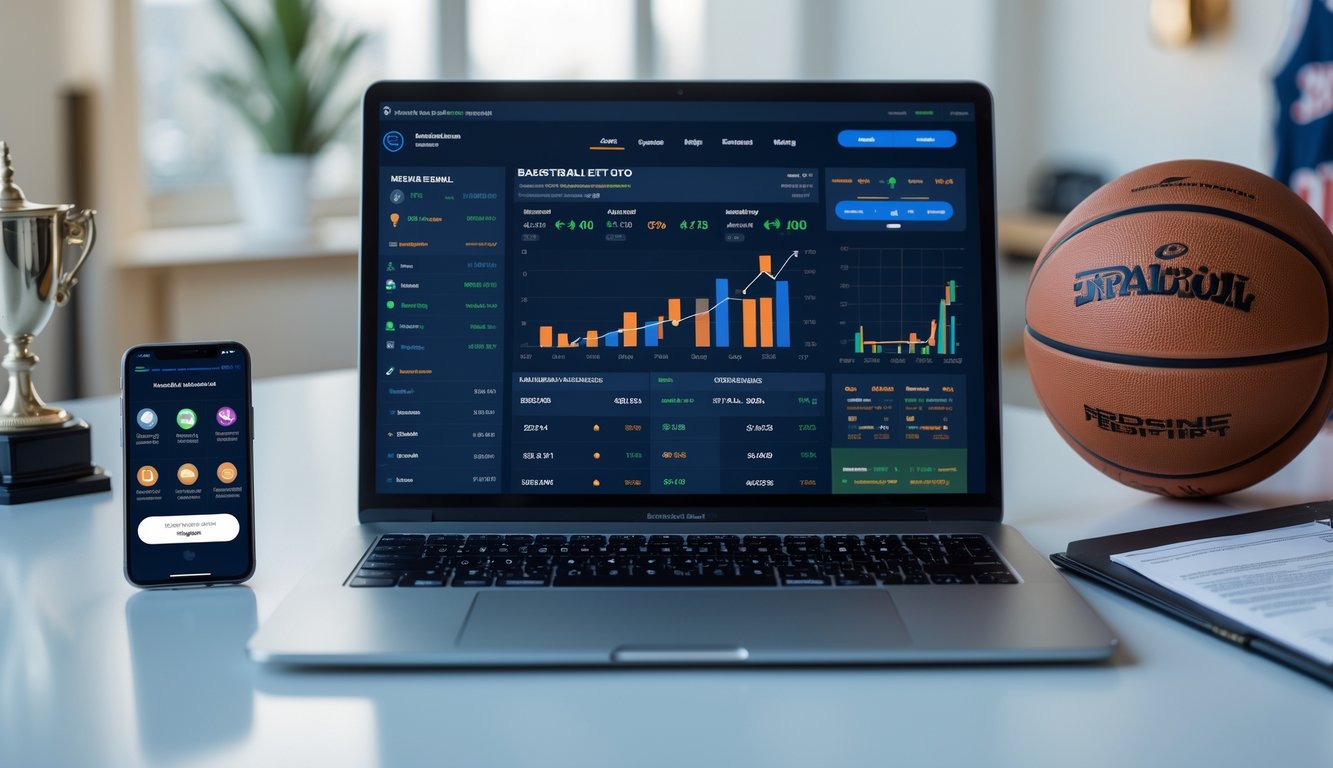 Seseorang menggunakan komputer dan ponsel untuk memasang taruhan pada pertandingan basket secara online di meja kerja yang rapi.