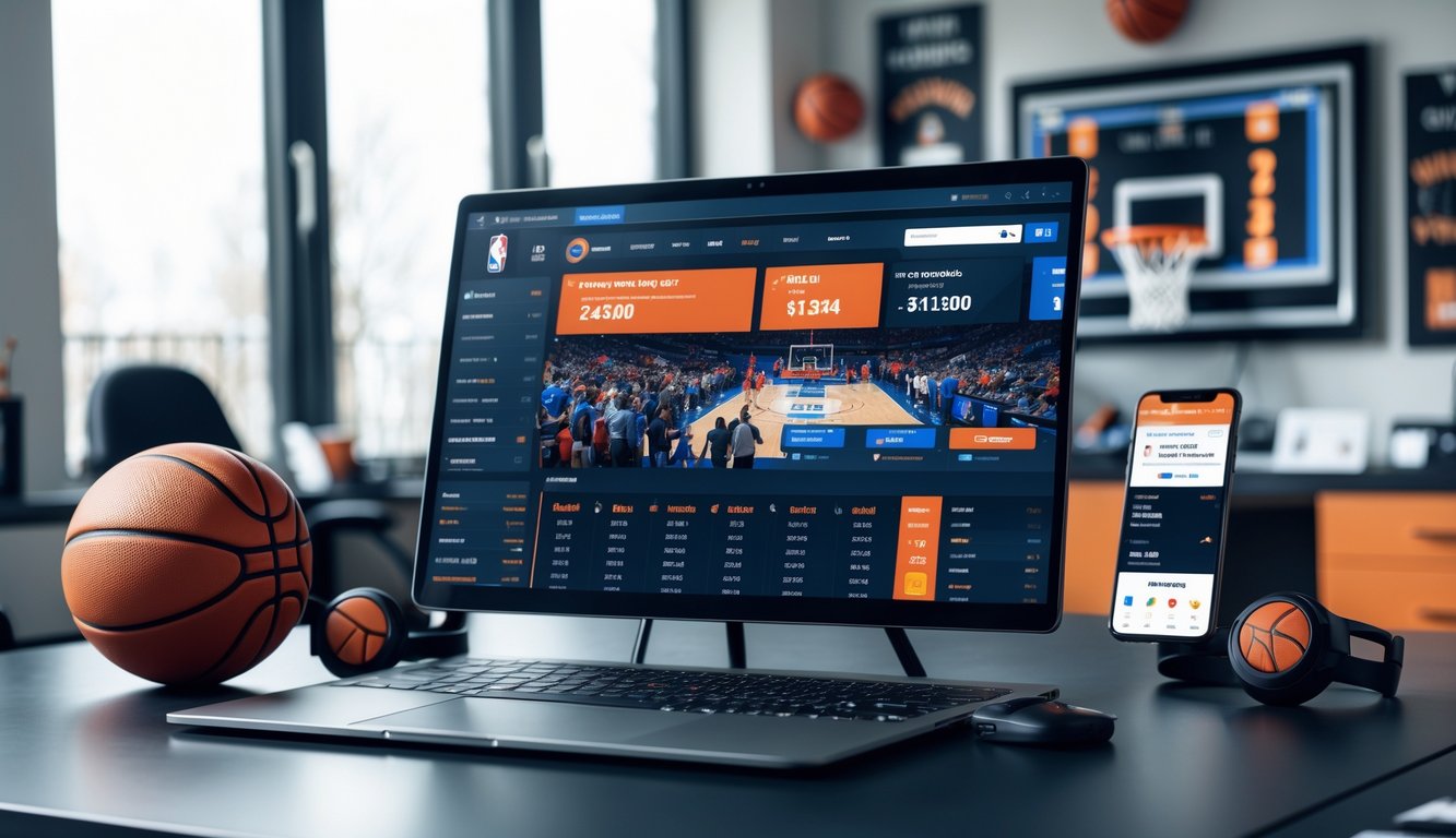Seseorang menggunakan komputer dengan tampilan situs taruhan bola basket online dan bola basket di meja.