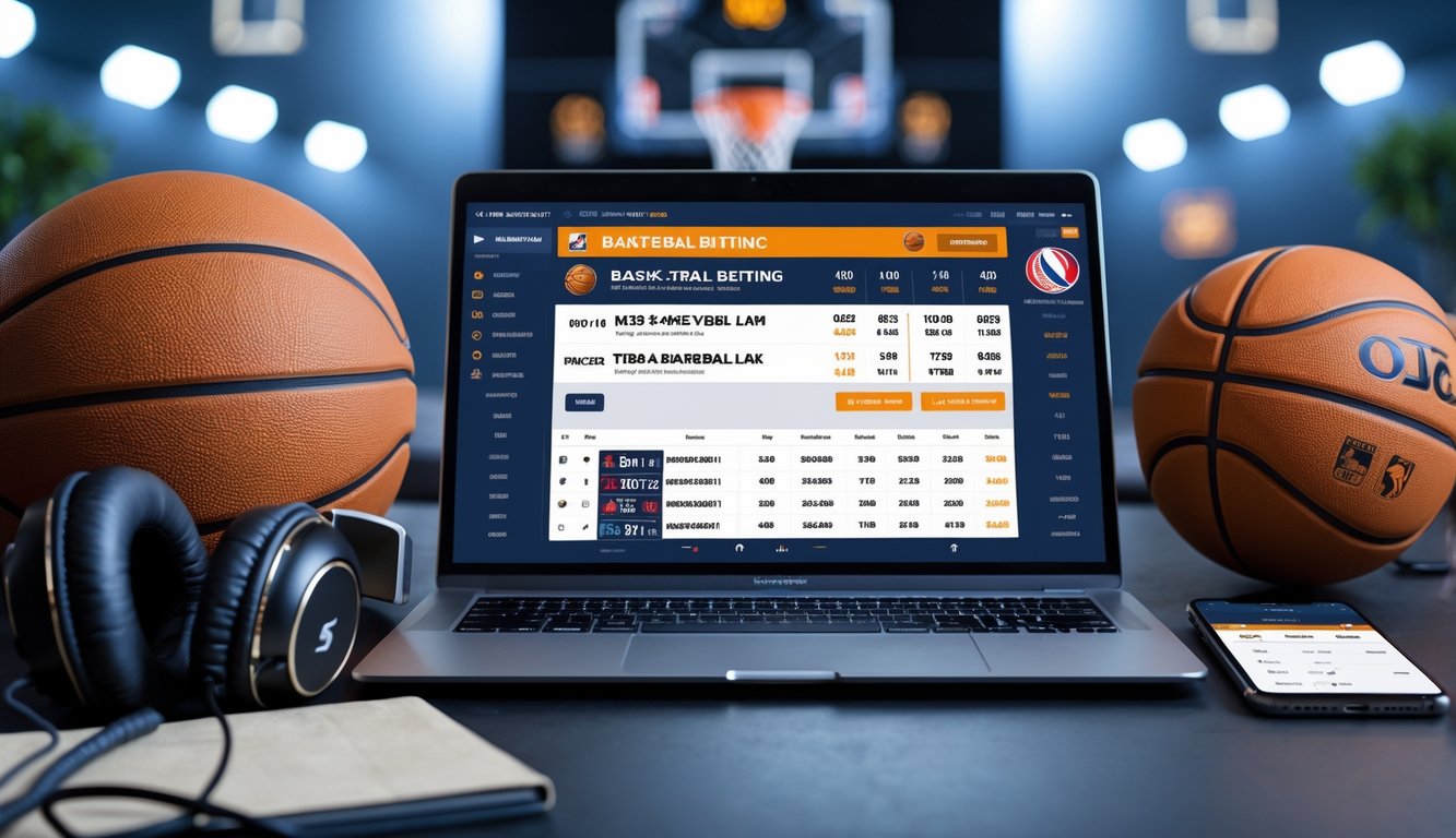 Seorang pria menggunakan laptop dengan tampilan statistik dan taruhan bola basket online di meja kerja modern, dikelilingi bola basket dan perangkat elektronik.
