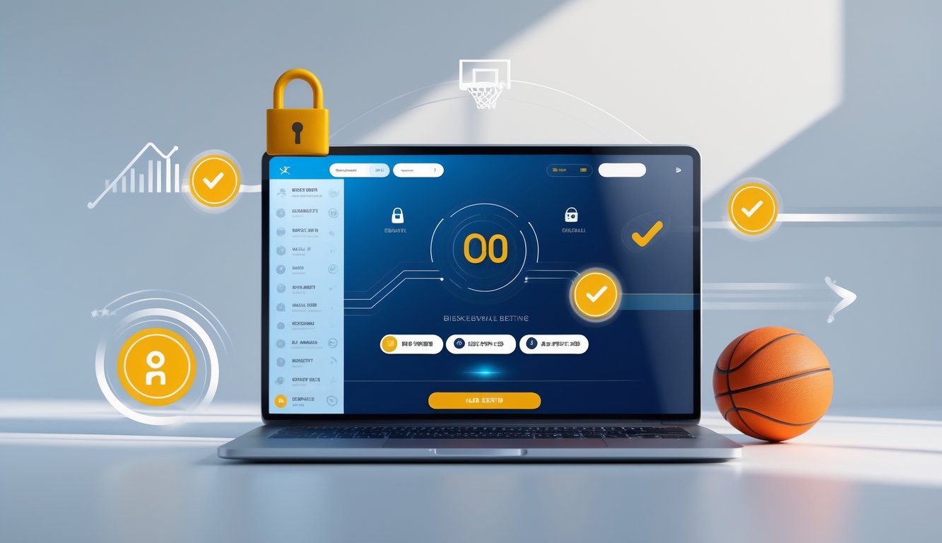 Seseorang menggunakan laptop dengan tampilan antarmuka taruhan bola basket online, dikelilingi simbol keamanan dan kecepatan transaksi.
