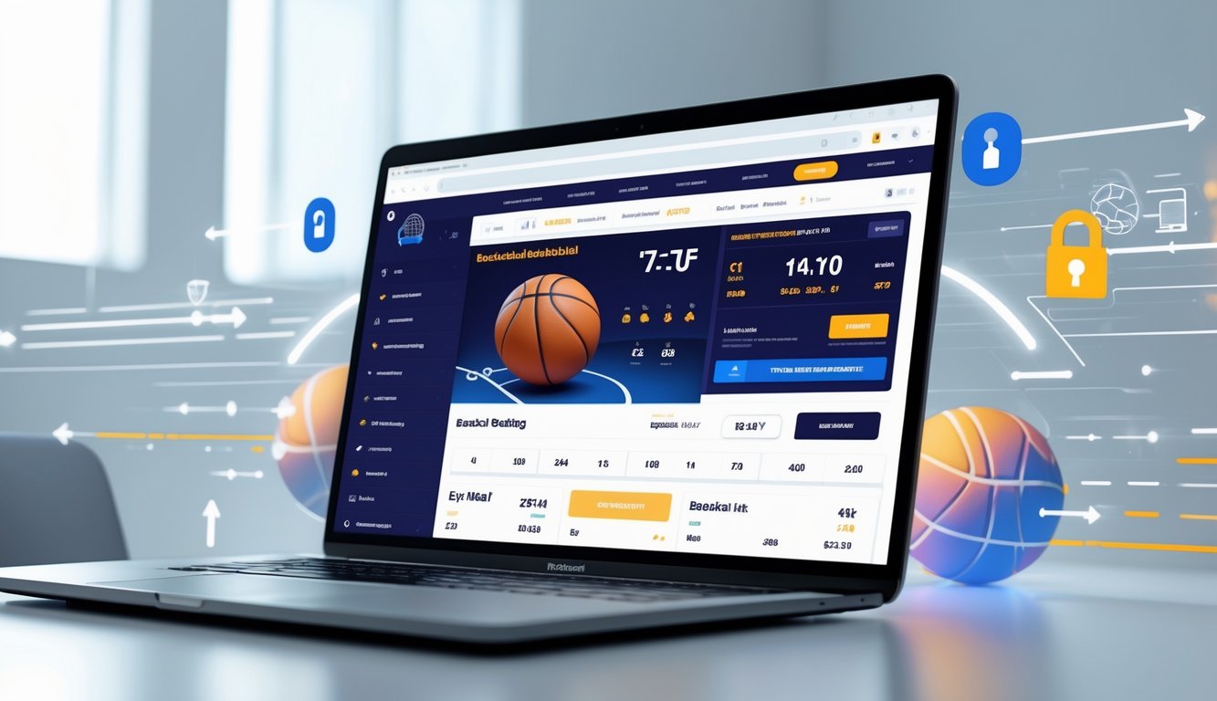 Seseorang menggunakan komputer dengan tampilan permainan bola basket dan simbol keamanan transaksi di sekitarnya.