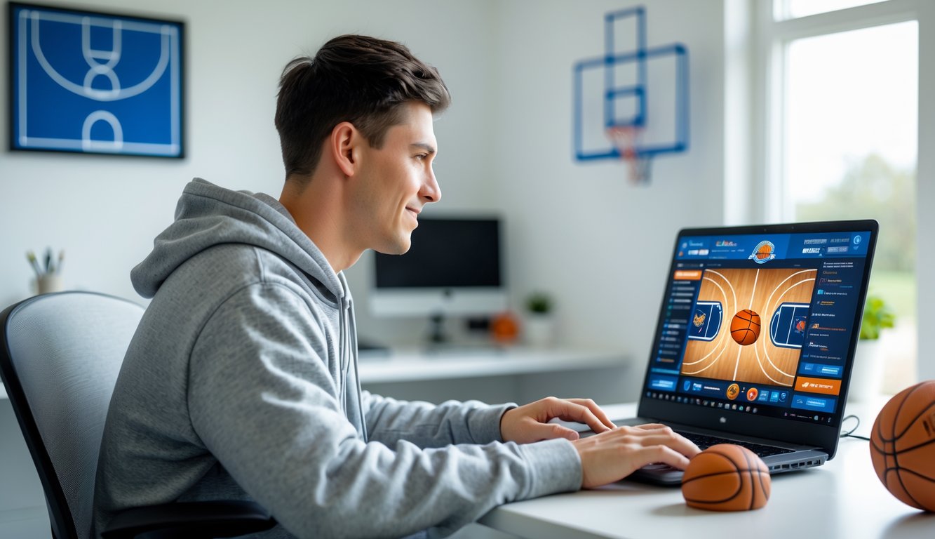 Seorang pria muda duduk di meja modern menggunakan laptop dengan latar ruangan terang dan dekorasi bertema bola basket.