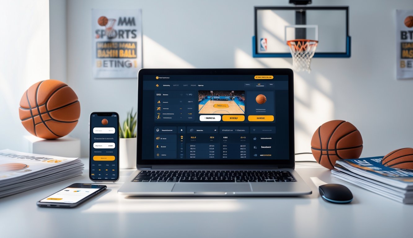 Meja kerja modern dengan laptop yang menampilkan antarmuka taruhan bola basket online, bola basket kecil, dan ponsel dengan aplikasi taruhan.