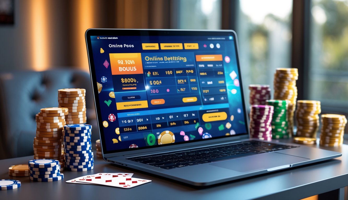 Seseorang menggunakan komputer dengan layar menampilkan situs taruhan online, dikelilingi oleh chip poker, kartu remi, dan uang di atas meja.