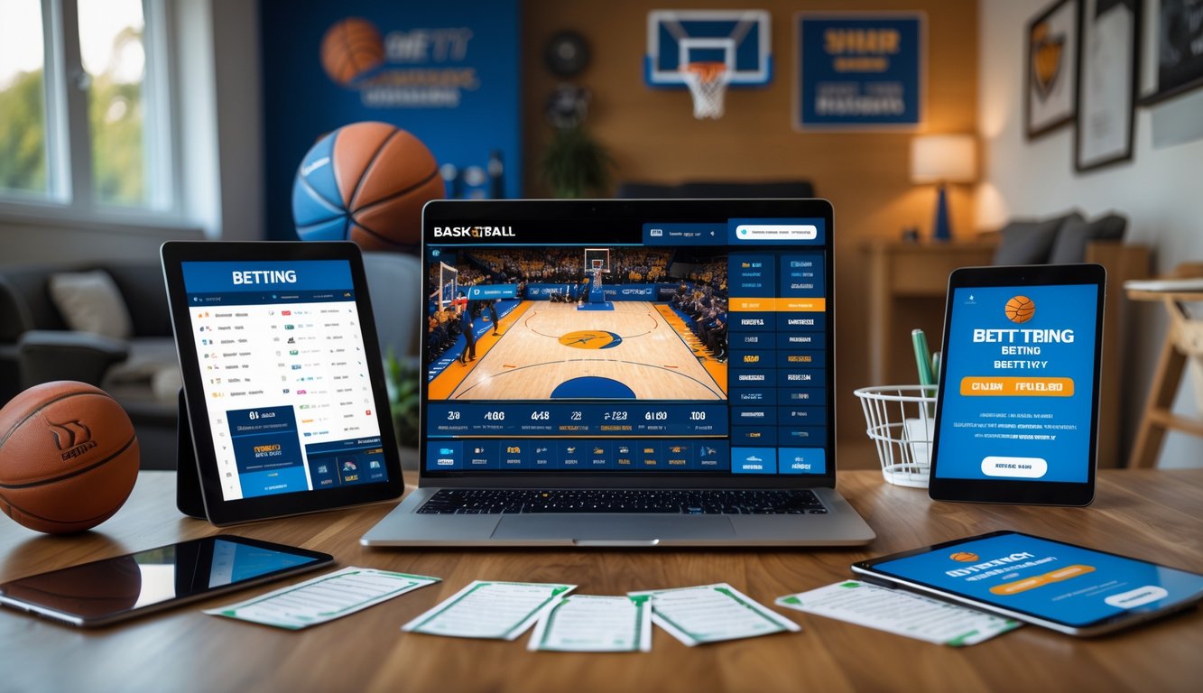 Seorang pria di meja kerja dengan laptop menampilkan pertandingan basket langsung dan perangkat digital lainnya yang menunjukkan aktivitas judi basket online.
