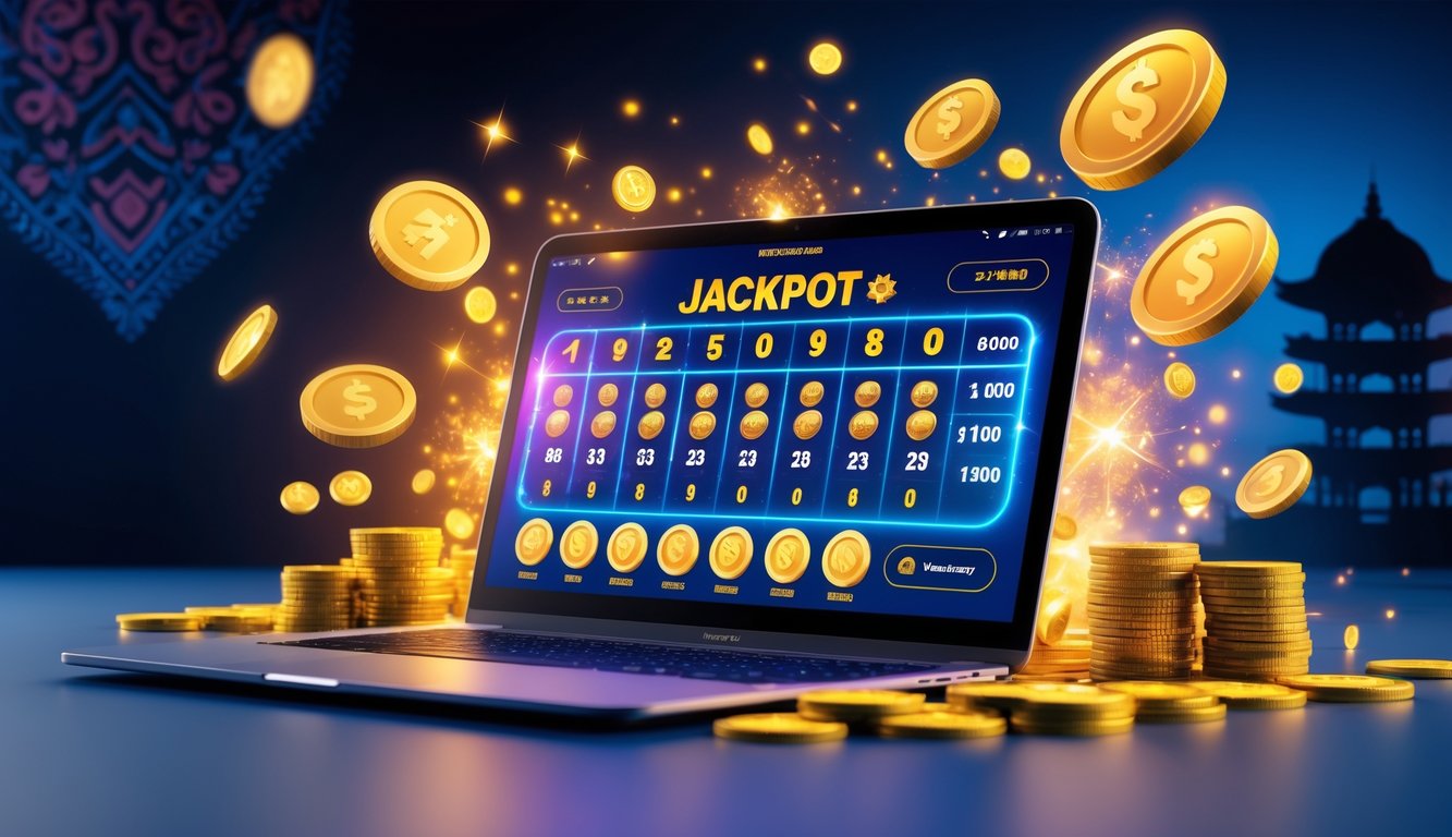 Sebuah perangkat modern menampilkan permainan jackpot progresif online dengan efek digital dan koin berkilau, di latar belakang dengan elemen budaya Indonesia.