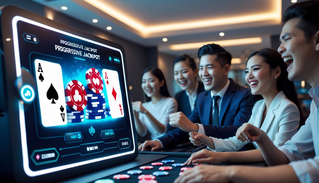 Orang-orang muda bermain judi online dengan kartu dan chip di layar digital dalam ruangan modern yang terang.