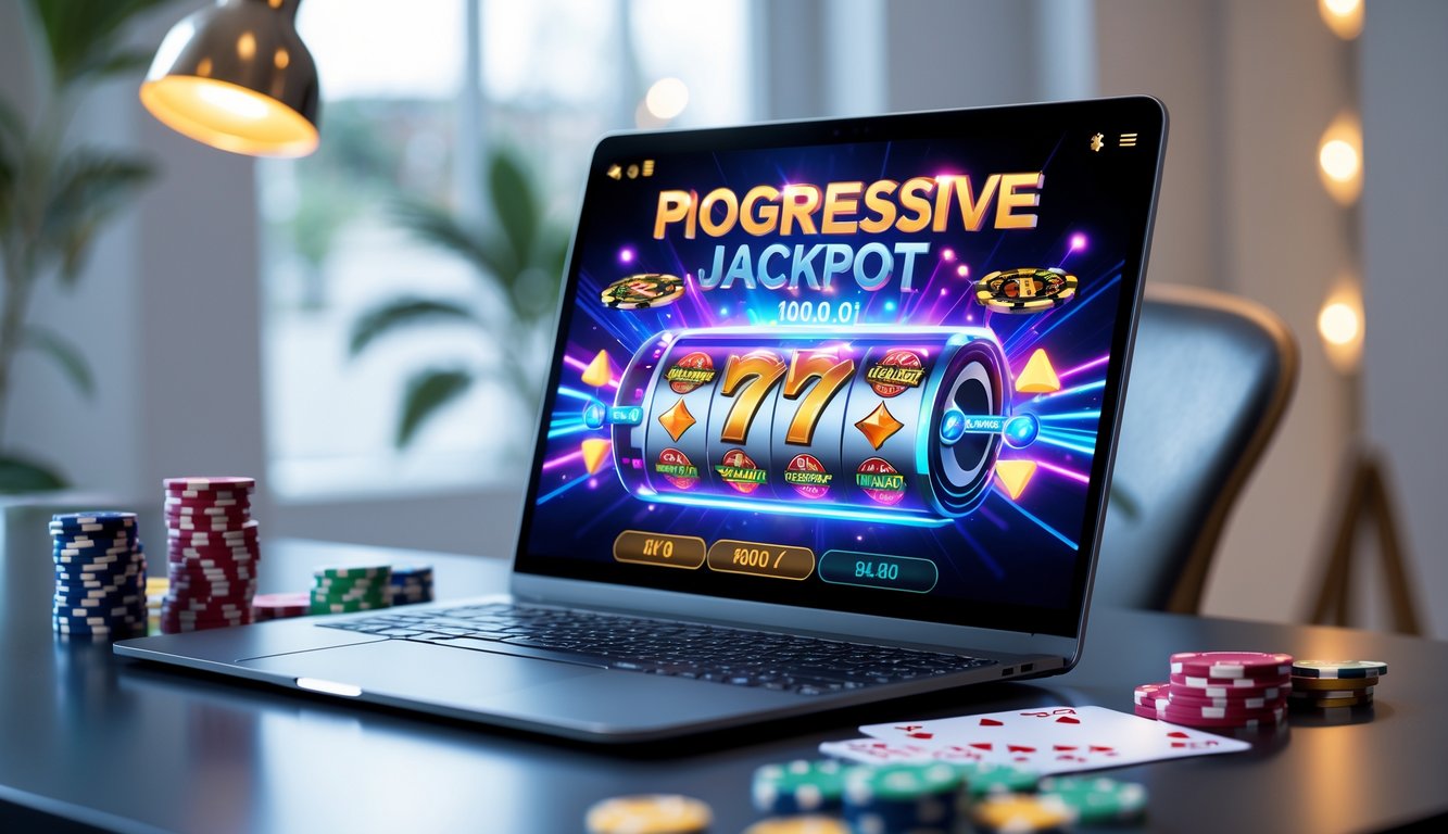 Seseorang menggunakan komputer dengan tampilan permainan jackpot progresif dan chip poker di meja.