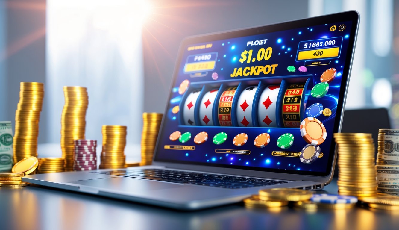 Layar komputer menampilkan antarmuka kasino online dengan chip poker, kartu bermain, dan angka jackpot yang menyala, dikelilingi oleh tumpukan uang dan koin emas.
