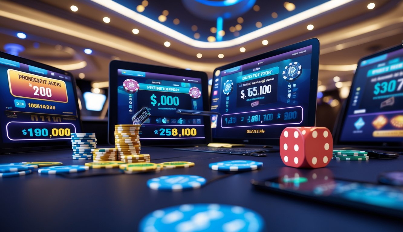 Antarmuka permainan judi online dengan layar menampilkan jumlah jackpot progresif dan elemen permainan seperti kartu dan chip.