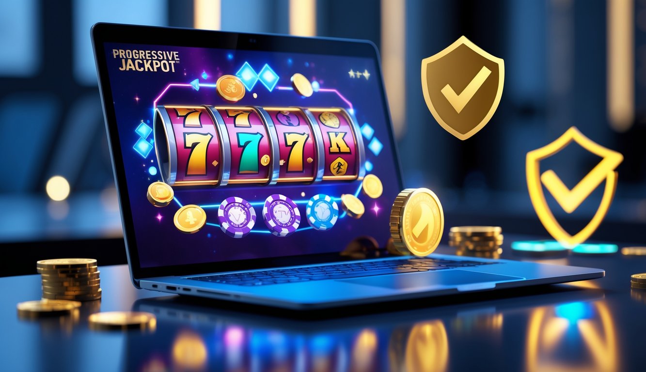 Seorang pengguna sedang melihat layar laptop yang menampilkan permainan judi online dengan simbol jackpot progresif dan elemen kepercayaan di sekitarnya.
