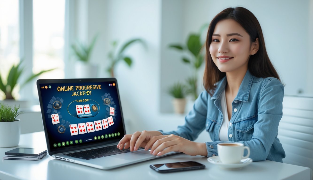 Seorang dewasa muda duduk di meja modern bermain permainan kartu progresif jackpot online dengan laptop di ruangan terang dan rapi.