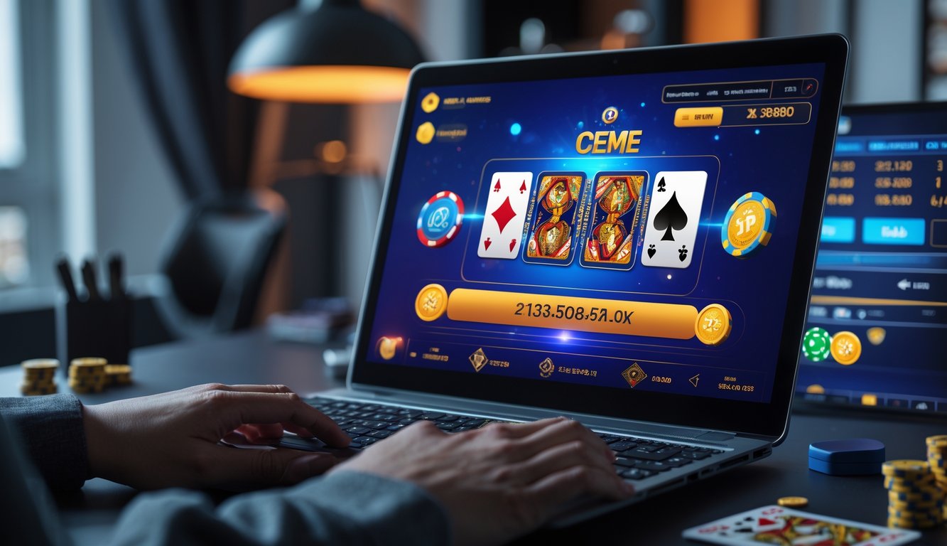 Seseorang sedang bermain judi Ceme online di komputer dengan tampilan kartu dan chip di layar, menunjukkan suasana fokus dan antisipasi dalam permainan.