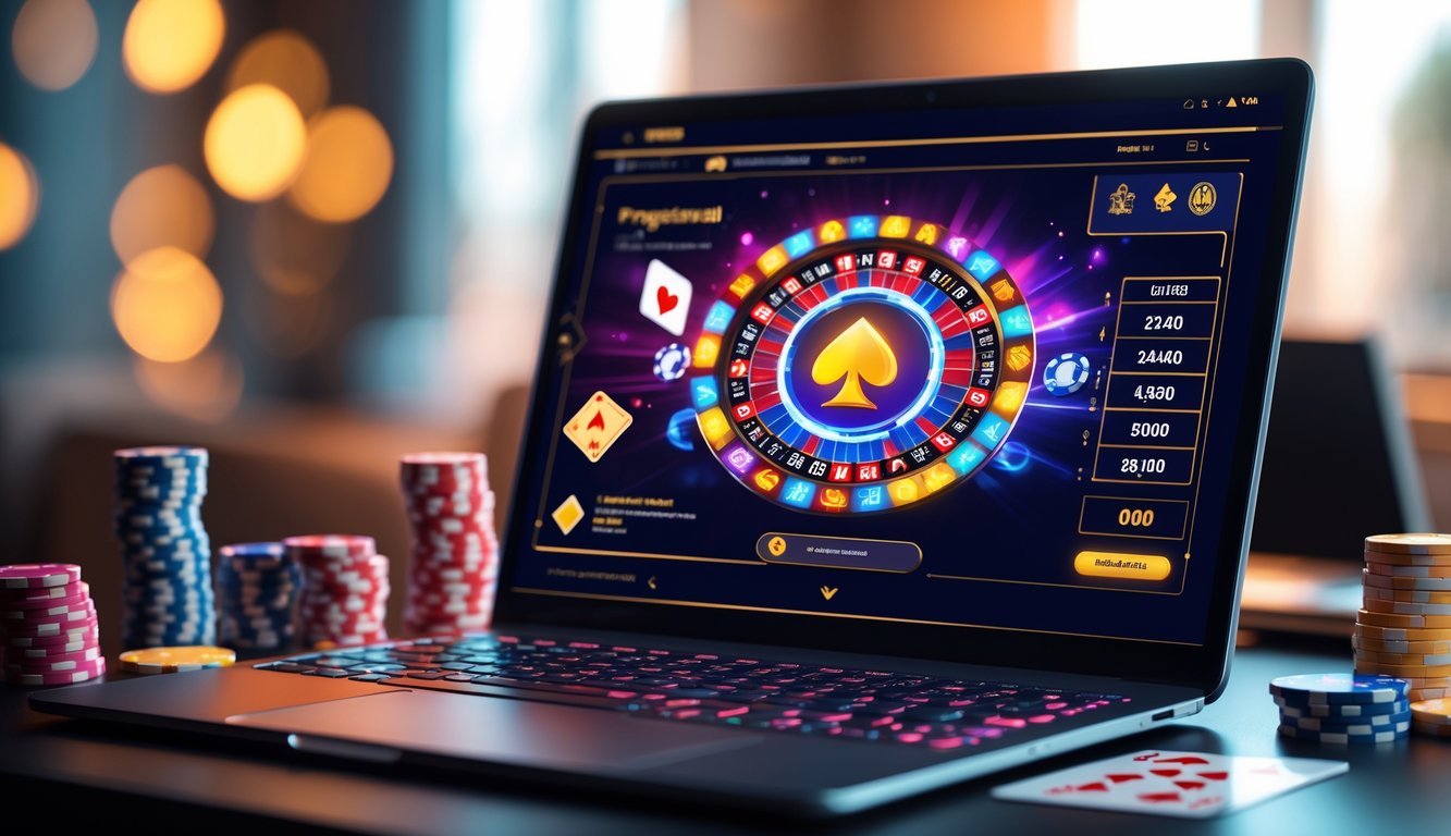 Sebuah meja dengan komputer menampilkan permainan kartu digital dan chip poker dalam ruangan yang nyaman dan terang.
