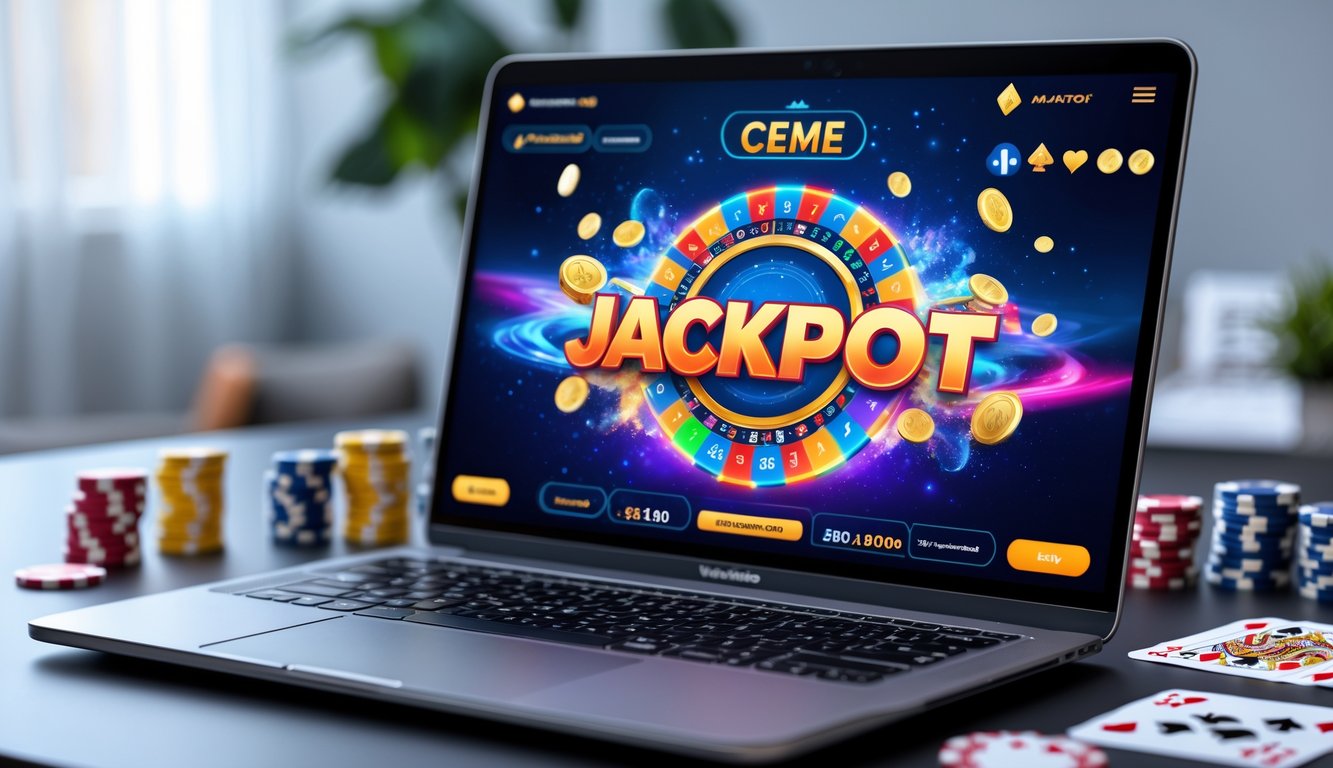 Sebuah komputer menampilkan permainan judi online Ceme dengan grafik jackpot progresif di layar, dikelilingi oleh chip poker dan kartu remi di meja kerja.