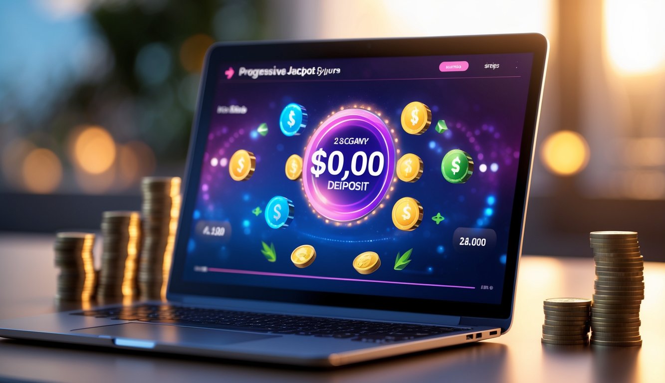 Seorang pengguna sedang bermain permainan judi online dengan layar komputer yang menampilkan jackpot progresif dan tumpukan koin di sekitarnya.