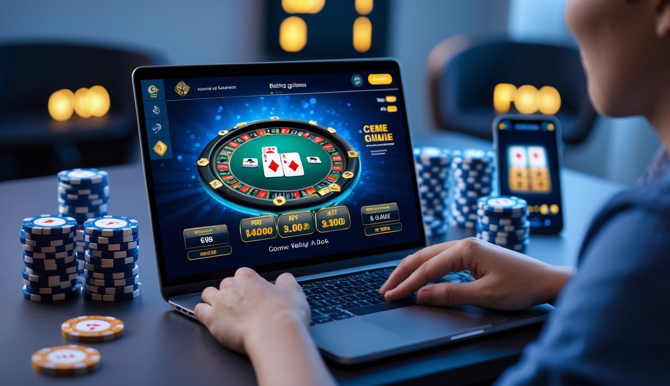 Seseorang menggunakan laptop dengan tampilan permainan kartu domino online di meja kerja yang terang dan modern.